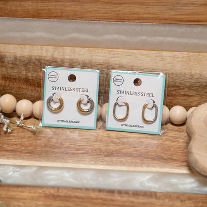 Mixed Metal Stainless Steel Hoop Earrings | Circle or Oval Hypoallergenic Hoops