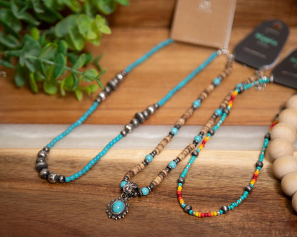 Western Beaded Necklaces – Turquoise Pendant, Desert Trails Wood Beads & Campfire Glow Beaded Necklace
