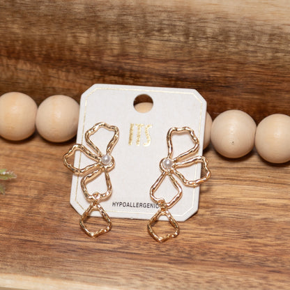 Golden Petal Pearl Earrings | Gold Flower Statement Drop Earrings