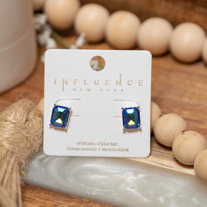 Gem Glow Rectangle Stud Earrings | Aurora Blue or Smoky Quartz Crystal Studs