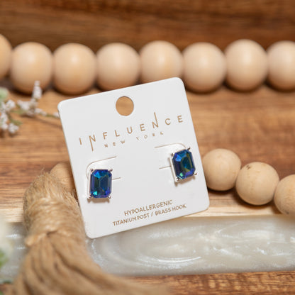 Gem Glow Rectangle Stud Earrings | Aurora Blue or Smoky Quartz Crystal Studs