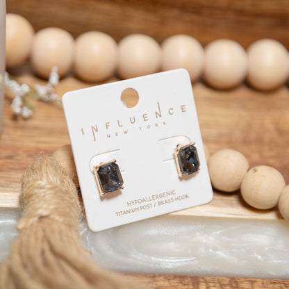 Gem Glow Rectangle Stud Earrings | Aurora Blue or Smoky Quartz Crystal Studs