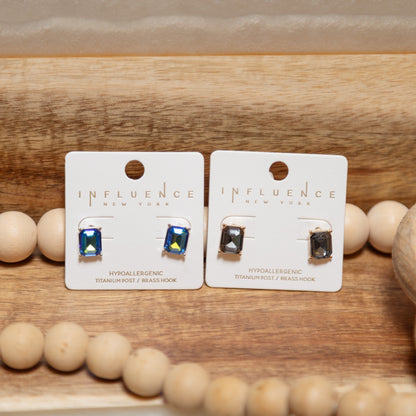 Gem Glow Rectangle Stud Earrings | Aurora Blue or Smoky Quartz Crystal Studs