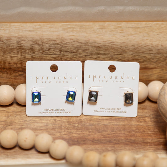 Gem Glow Rectangle Stud Earrings | Aurora Blue or Smoky Quartz Crystal Studs