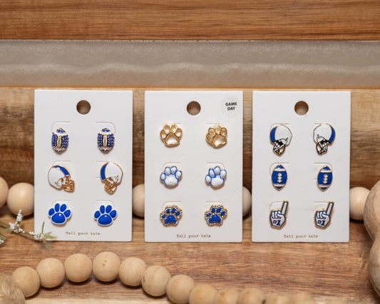 Blue Game Day Earring Trio Set | Football & Paw Print Stud Earrings