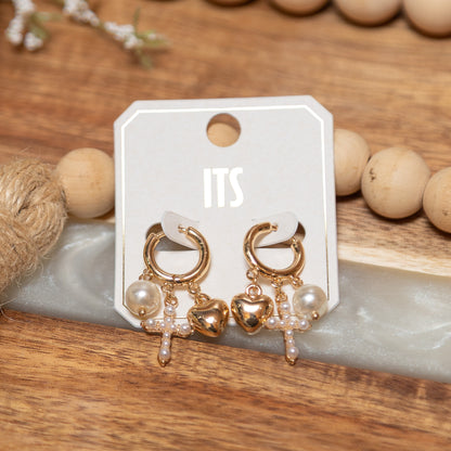 Sweetheart Pearl Charm Huggie Earrings | Gold Heart & Pearl Cross Hoop Earrings