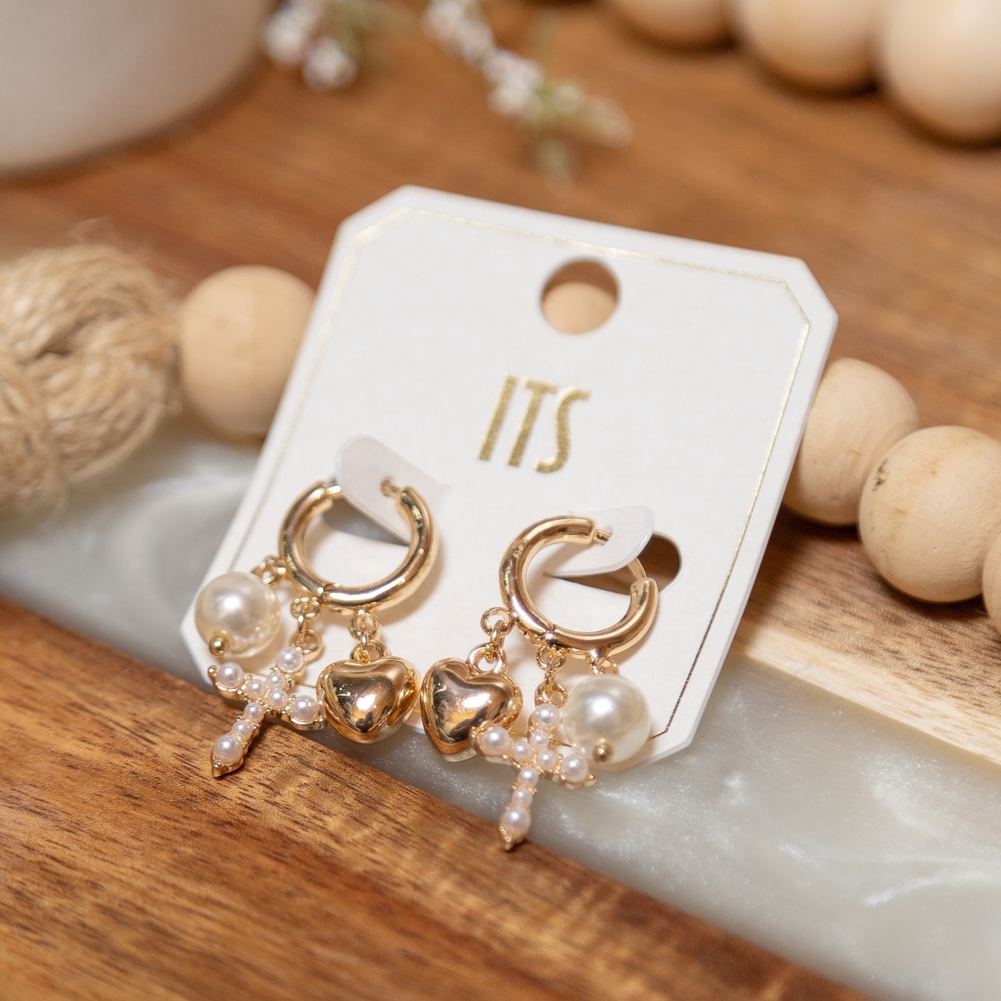 Sweetheart Pearl Charm Huggie Earrings | Gold Heart & Pearl Cross Hoop Earrings