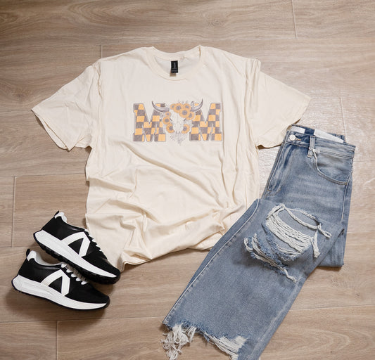 Western Mom Graphic Tee – Sunflowers & Cow Skull Design