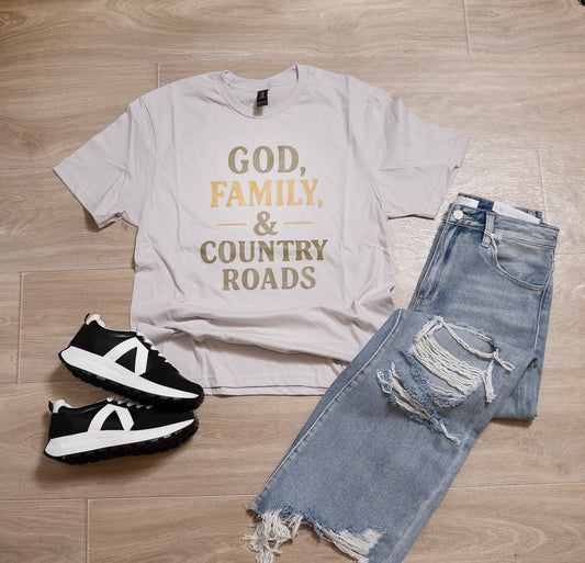 God, Family, & Country Roads Graphic Tee – Faith & Country Style