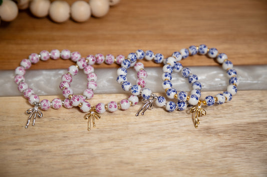 Bow Charm Beaded Bracelet – Floral Pink & Blue Porcelain Beads, Stretchy Stackable Bracelet