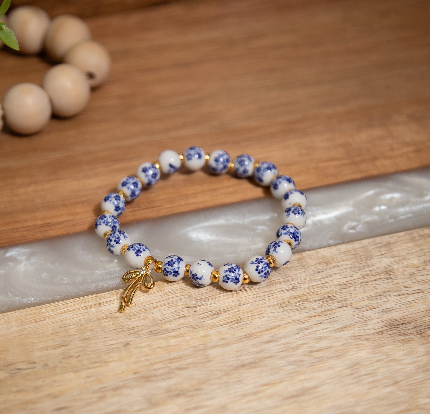 Bow Charm Beaded Bracelet – Floral Pink & Blue Porcelain Beads, Stretchy Stackable Bracelet