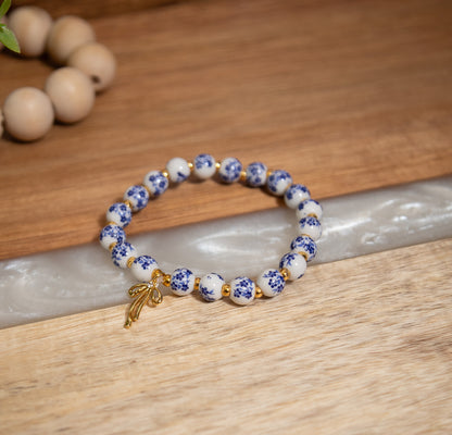 Bow Charm Beaded Bracelet – Floral Pink & Blue Porcelain Beads, Stretchy Stackable Bracelet