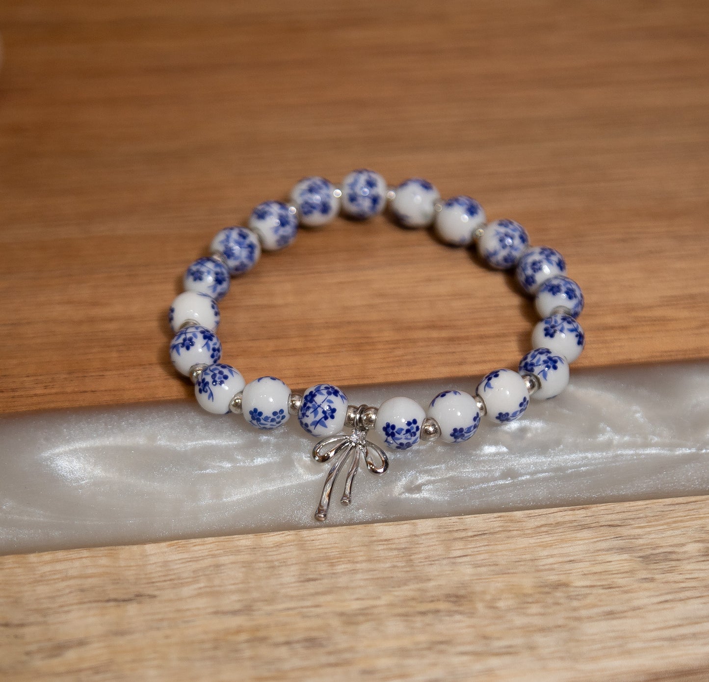 Bow Charm Beaded Bracelet – Floral Pink & Blue Porcelain Beads, Stretchy Stackable Bracelet