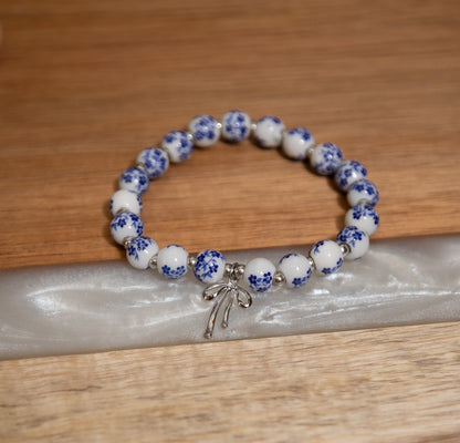 Bow Charm Beaded Bracelet – Floral Pink & Blue Porcelain Beads, Stretchy Stackable Bracelet