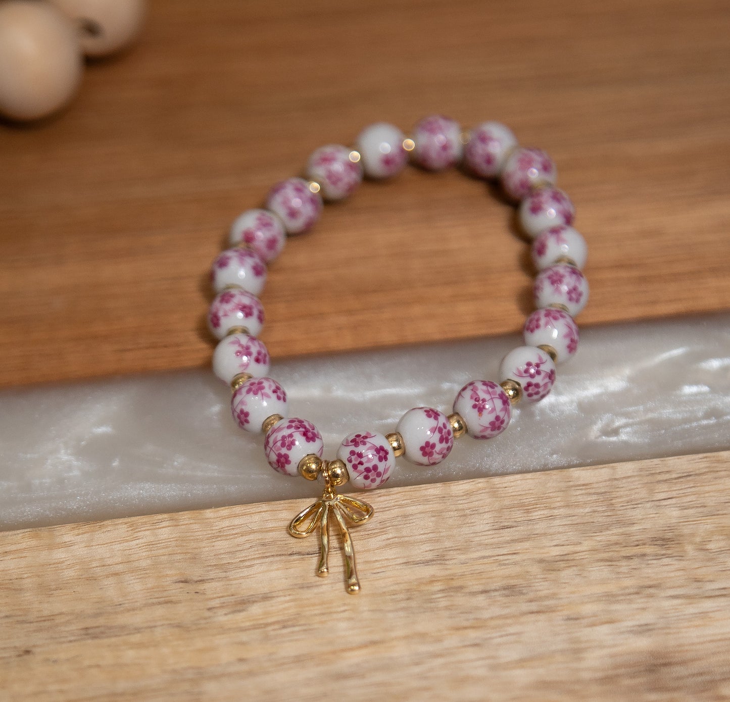 Bow Charm Beaded Bracelet – Floral Pink & Blue Porcelain Beads, Stretchy Stackable Bracelet