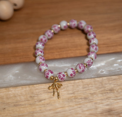 Bow Charm Beaded Bracelet – Floral Pink & Blue Porcelain Beads, Stretchy Stackable Bracelet