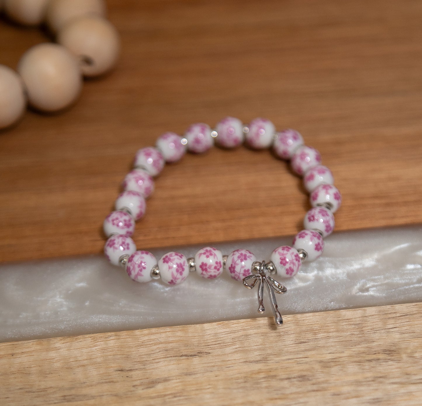 Bow Charm Beaded Bracelet – Floral Pink & Blue Porcelain Beads, Stretchy Stackable Bracelet