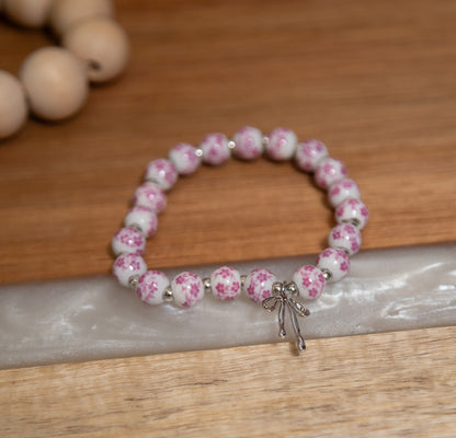 Bow Charm Beaded Bracelet – Floral Pink & Blue Porcelain Beads, Stretchy Stackable Bracelet