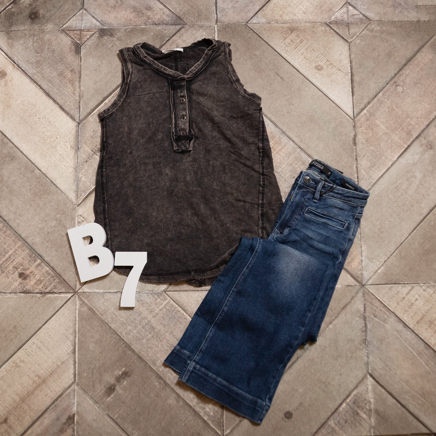 Zenana Washed Half‑Button Raw Edge Sleeveless Henley Top | Vintage Mineral Wash Tank