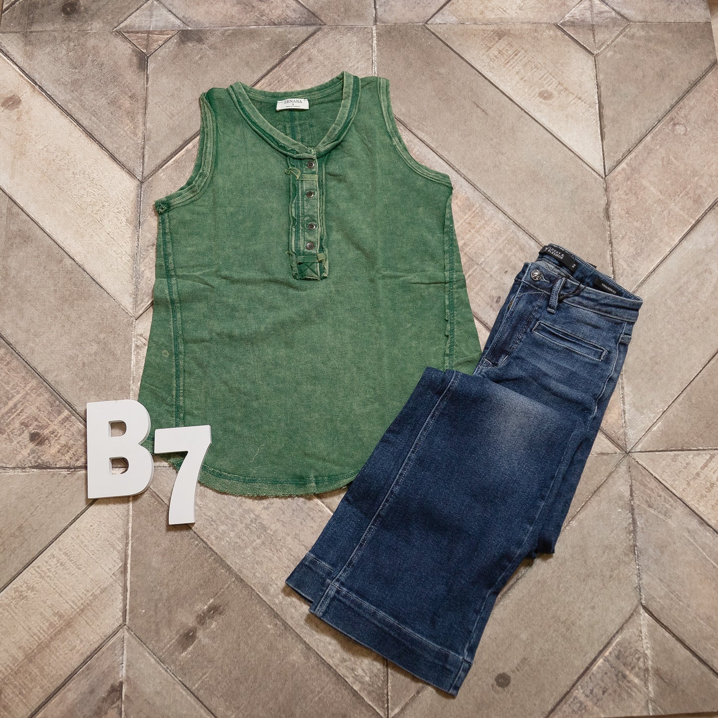 Zenana Washed Half‑Button Raw Edge Sleeveless Henley Top | Vintage Mineral Wash Tank