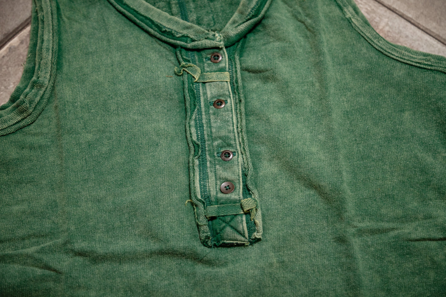 Zenana Washed Half‑Button Raw Edge Sleeveless Henley Top | Vintage Mineral Wash Tank
