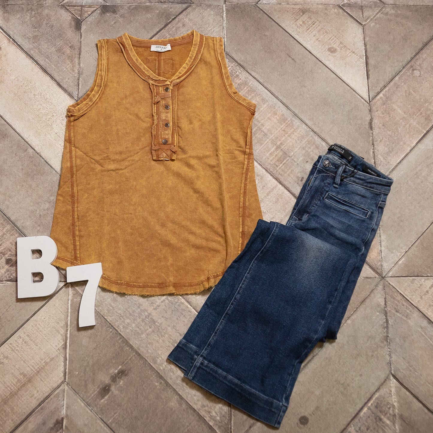 Zenana Washed Half‑Button Raw Edge Sleeveless Henley Top | Vintage Mineral Wash Tank