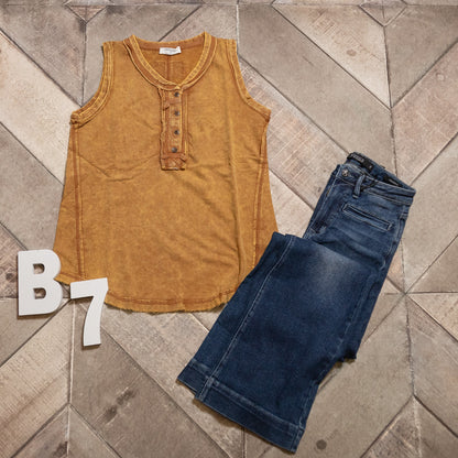 Zenana Washed Half‑Button Raw Edge Sleeveless Henley Top | Vintage Mineral Wash Tank