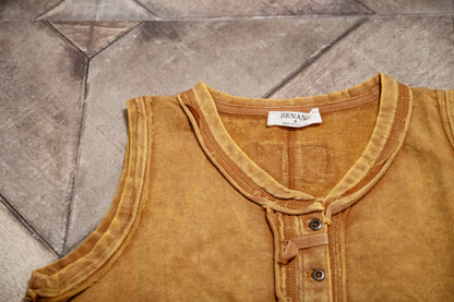 Zenana Washed Half‑Button Raw Edge Sleeveless Henley Top | Vintage Mineral Wash Tank