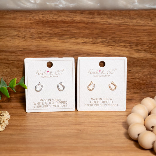 Cubic Zirconia Horseshoe Stud Earrings – White Gold Dipped or Gold Dipped