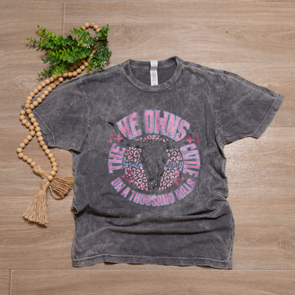 He Owns the Cattle on a Thousand Hills Graphic Tee | Psalm 50:10 Mineral Wash Christian T-Shirt