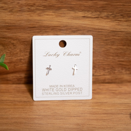 Faithfully Yours Cross Stud Earrings – White Gold Dipped