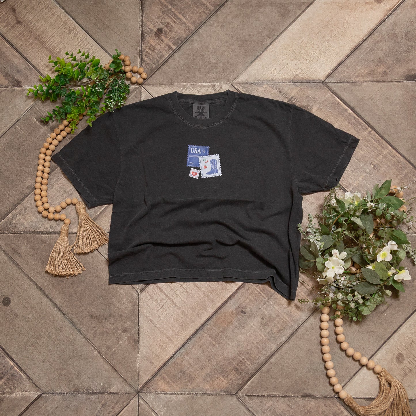 USA Stamp Cropped Comfort Colors Tee | Mineral Wash Patriotic Graphic Shirt
