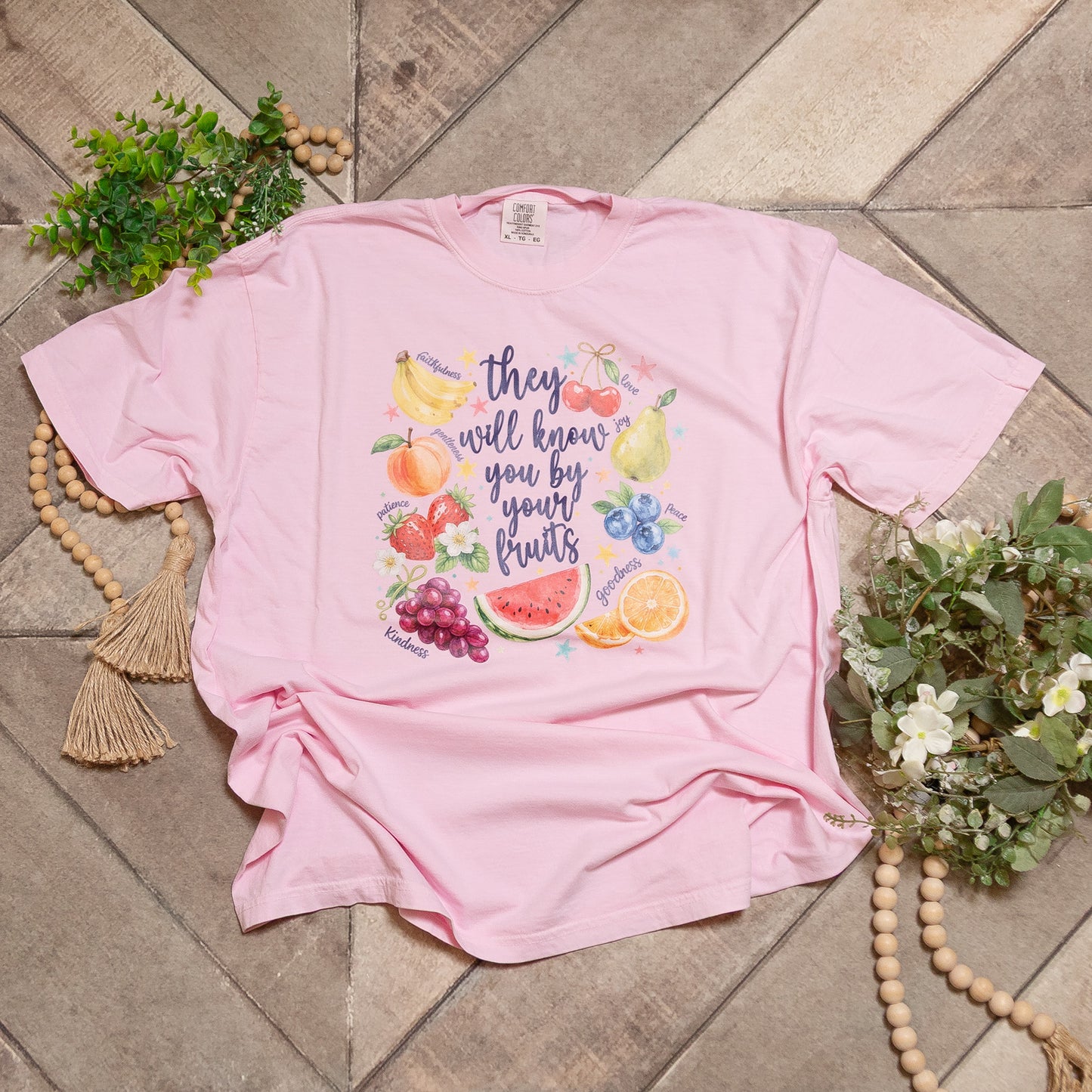 They Will Know You By Your Fruits Graphic Tee | Pink Comfort Colors Christian Shirt