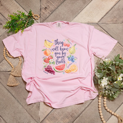 They Will Know You By Your Fruits Graphic Tee | Pink Comfort Colors Christian Shirt