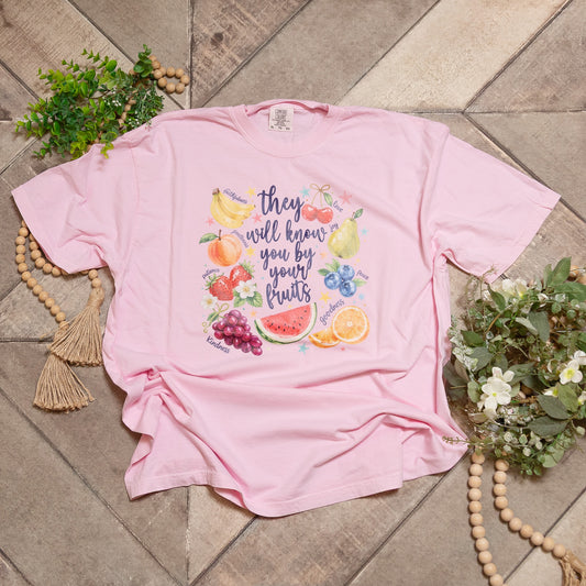 They Will Know You By Your Fruits Graphic Tee | Pink Comfort Colors Christian Shirt