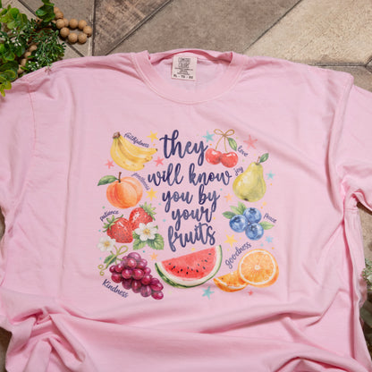 They Will Know You By Your Fruits Graphic Tee | Pink Comfort Colors Christian Shirt