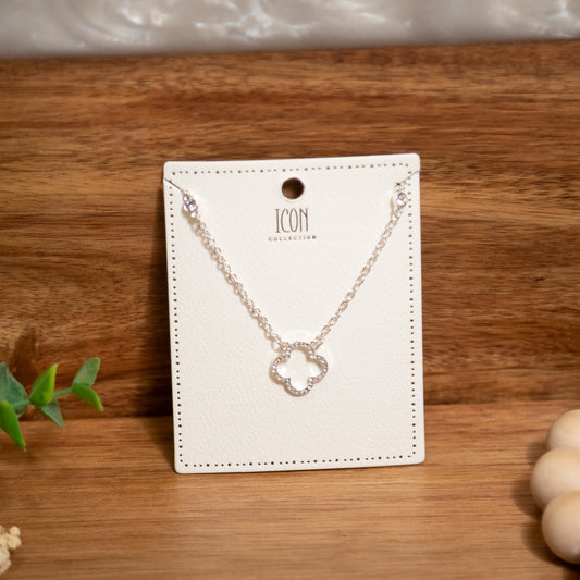 Lucky Sparkle Clover Necklace – Silver with Cubic Zirconia