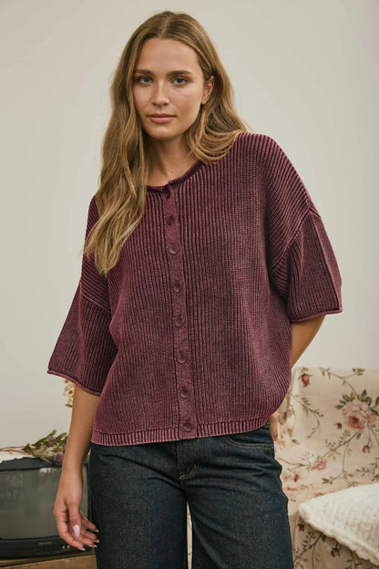 Burgundy Button-Down Knit Top | Washed Cotton Boxy Cardigan Top