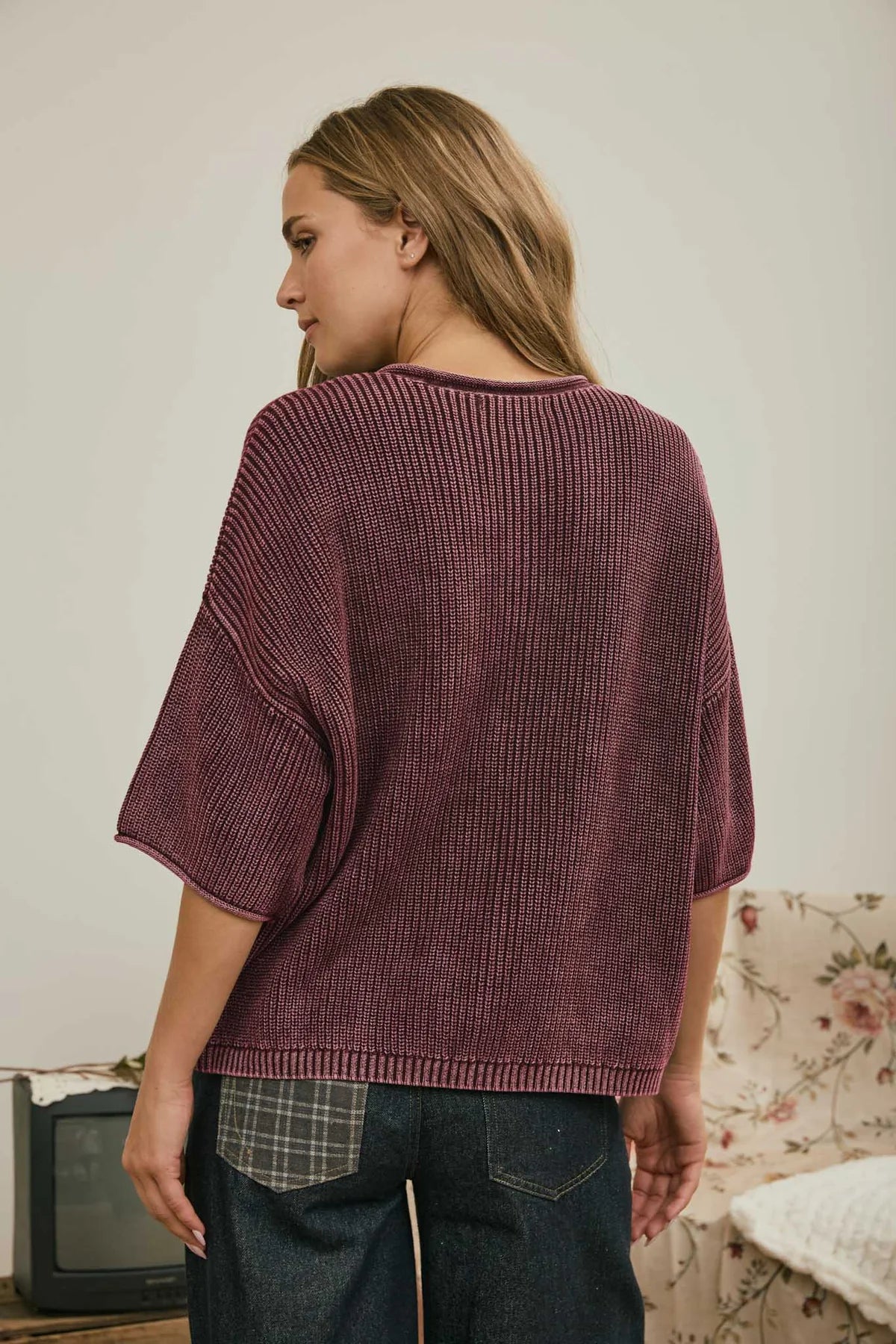 Burgundy Button-Down Knit Top | Washed Cotton Boxy Cardigan Top