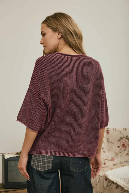 Burgundy Button-Down Knit Top | Washed Cotton Boxy Cardigan Top