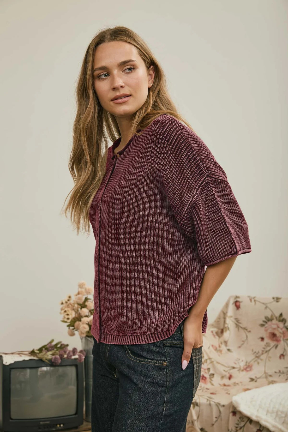 Burgundy Button-Down Knit Top | Washed Cotton Boxy Cardigan Top