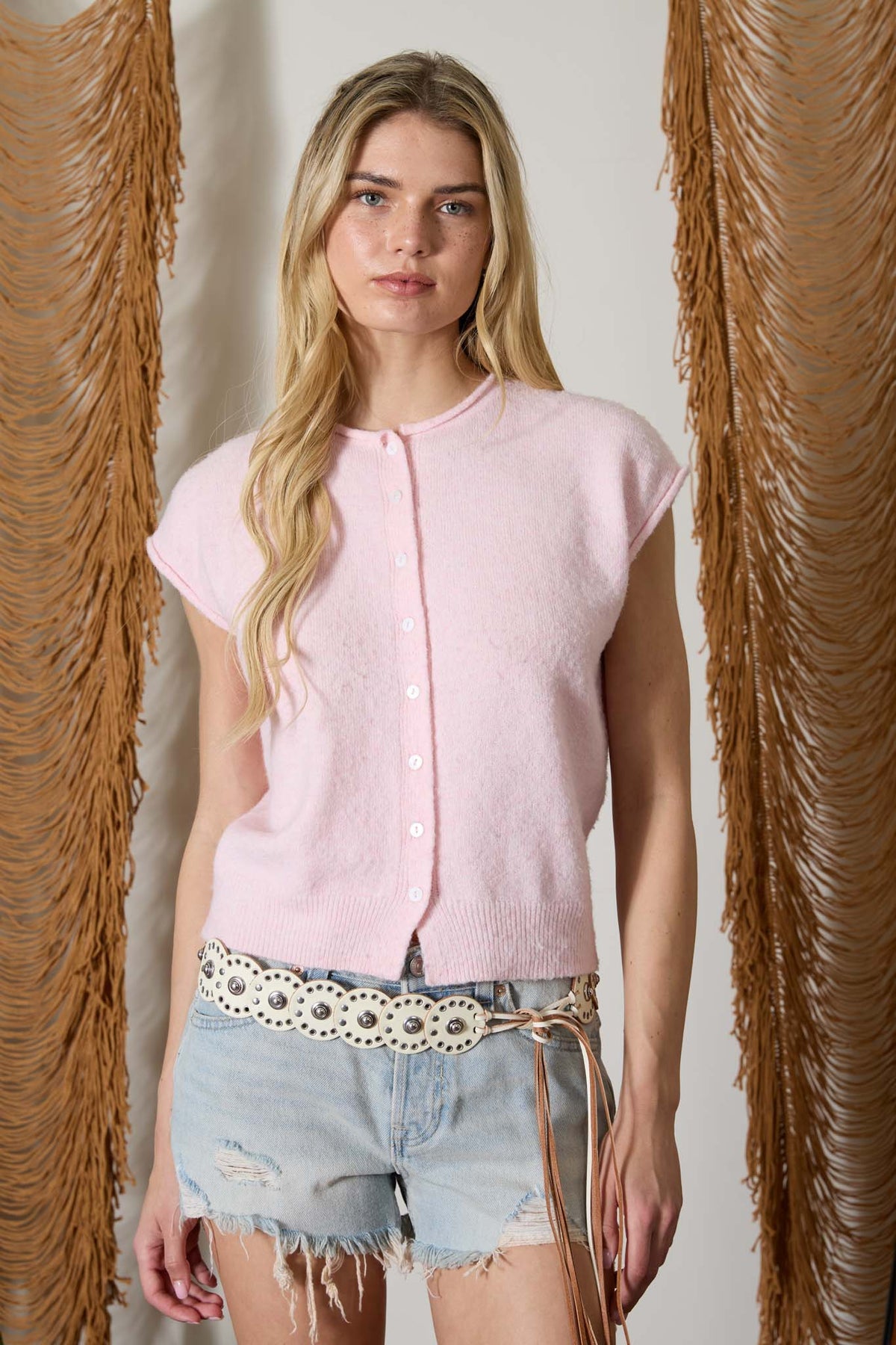 Blush Raw Edge Short sleeve Knit Cardigan