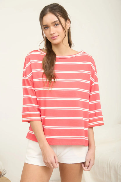 Coral Striped Oversized Knit Top – Raw Edge Cuff Sleeve Cotton Blend