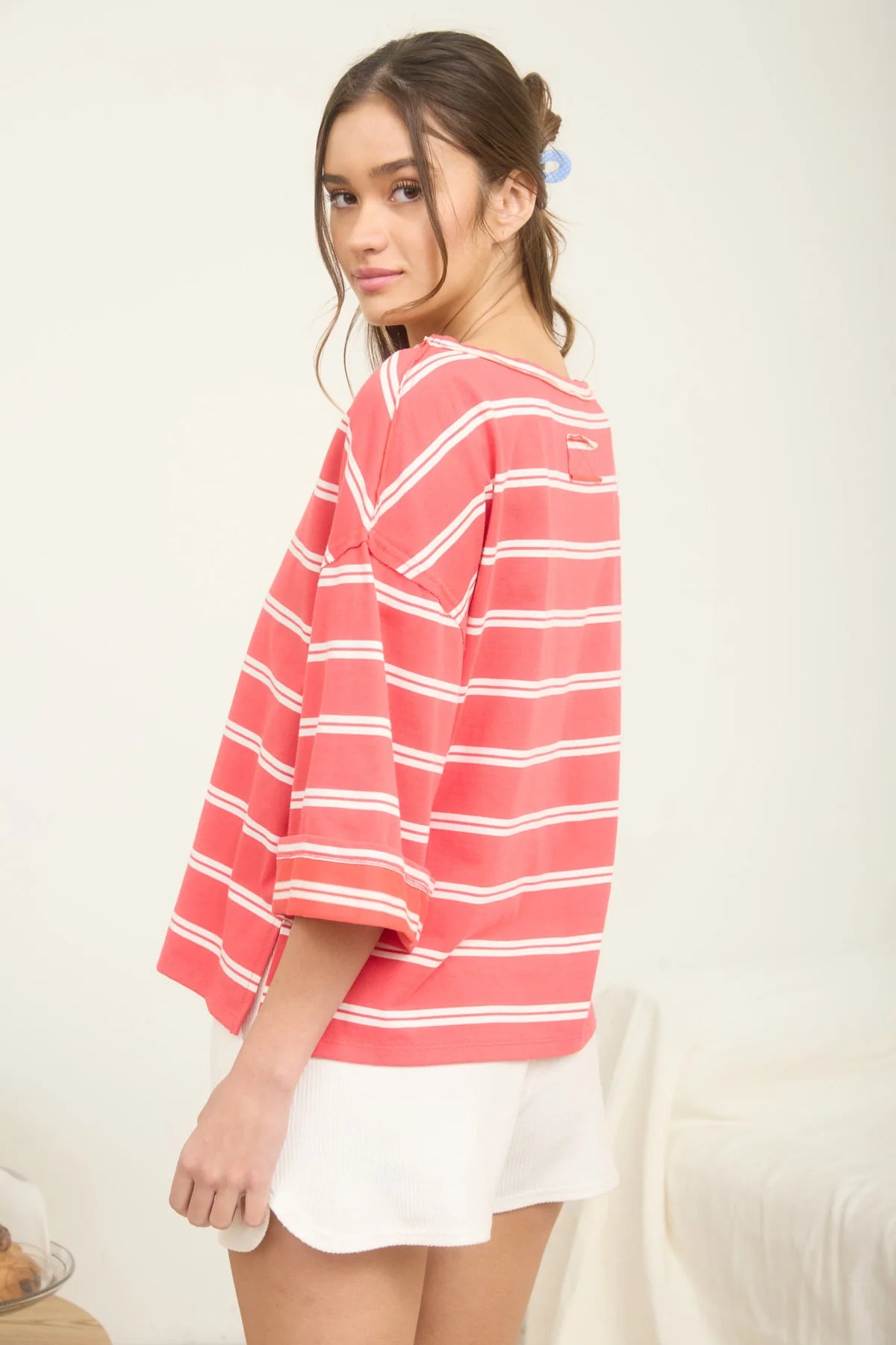 Coral Striped Oversized Knit Top – Raw Edge Cuff Sleeve Cotton Blend