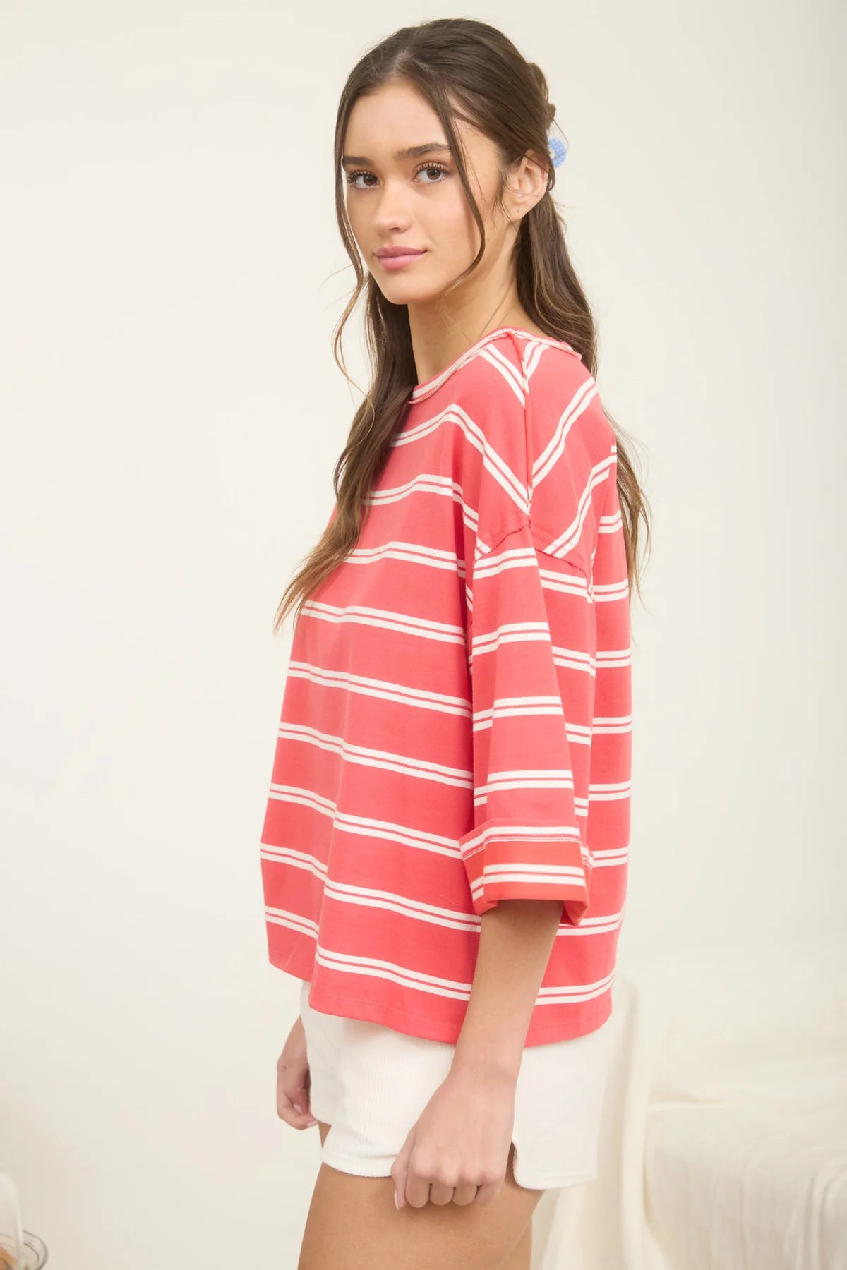 Coral Striped Oversized Knit Top – Raw Edge Cuff Sleeve Cotton Blend