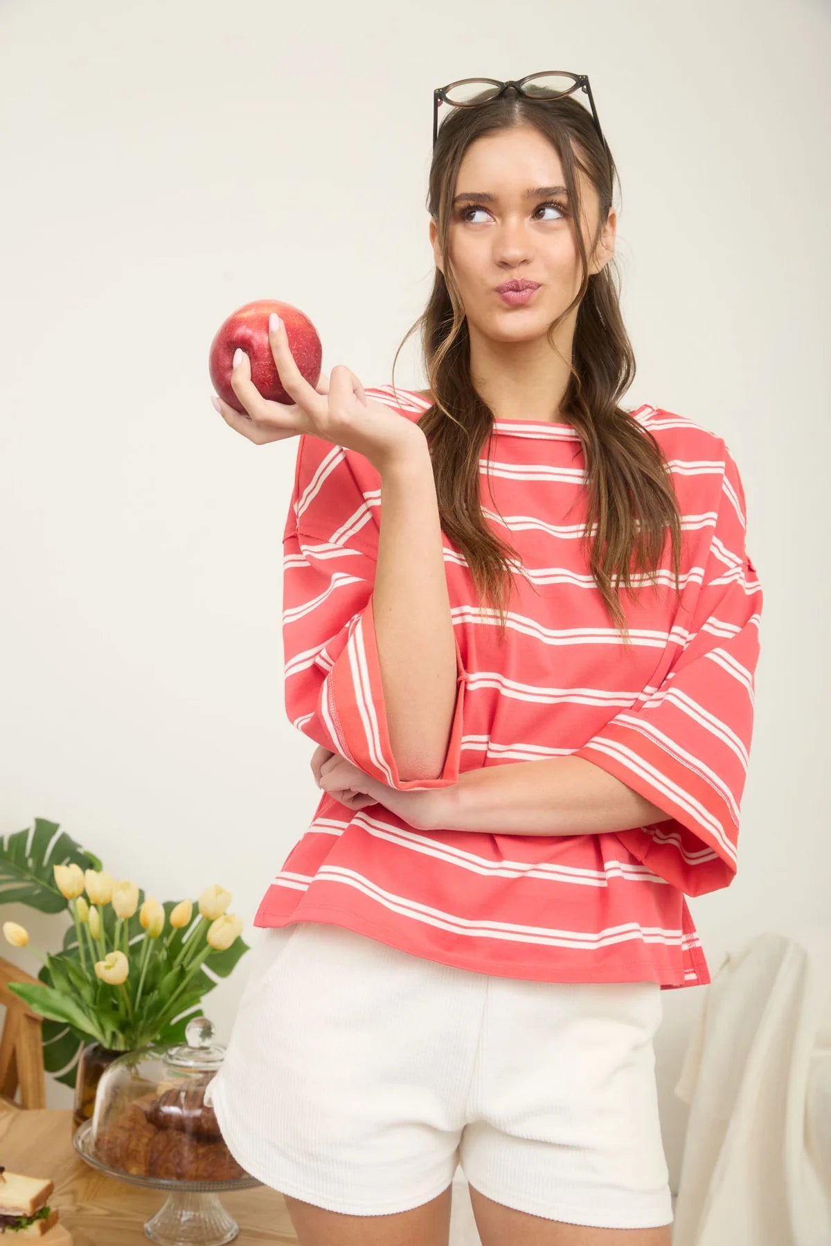 Coral Striped Oversized Knit Top – Raw Edge Cuff Sleeve Cotton Blend