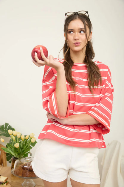 Coral Striped Oversized Knit Top – Raw Edge Cuff Sleeve Cotton Blend