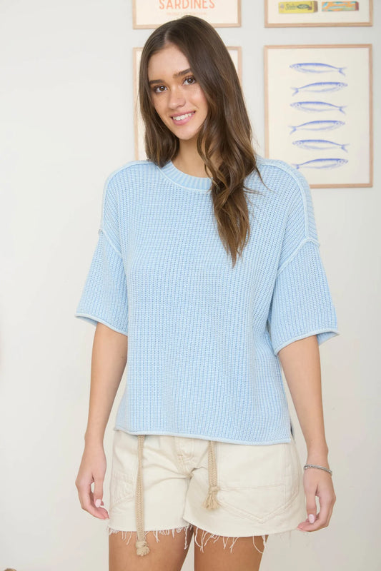 Coastal Breeze Waffle Knit Top – Relaxed Fit Short Sleeve Pullover Sweater