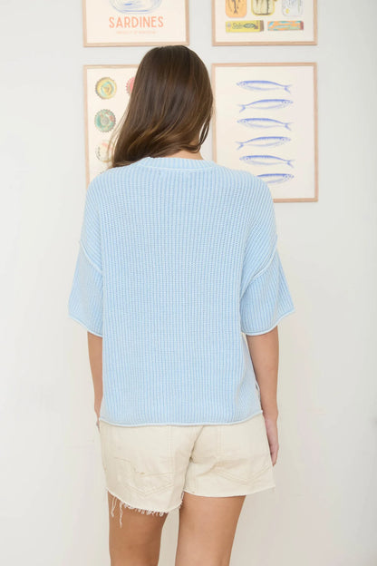 Coastal Breeze Waffle Knit Top – Relaxed Fit Short Sleeve Pullover Sweater
