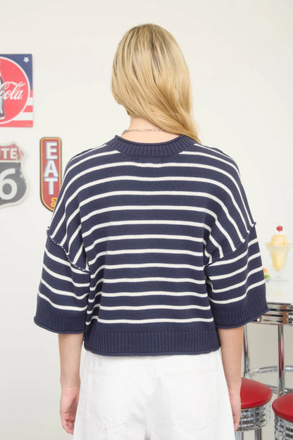 Dark Navy Stripe Raw Edge Sweater | Drop Shoulder Short Sleeve Knit Top
